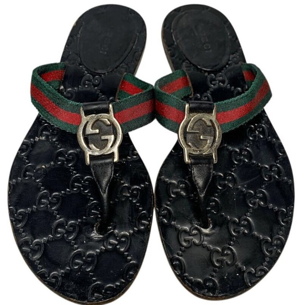 Gucci GG Web Stripe Thong Sandals EU 38 US 8 Black Flat Slide Flip Flop